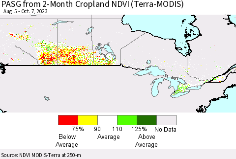 Canada PASG from 2-Month Cropland NDVI (Terra-MODIS) Thematic Map For 9/30/2023 - 10/7/2023