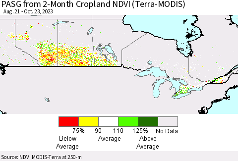 Canada PASG from 2-Month Cropland NDVI (Terra-MODIS) Thematic Map For 10/16/2023 - 10/23/2023