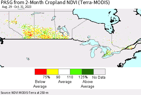 Canada PASG from 2-Month Cropland NDVI (Terra-MODIS) Thematic Map For 10/24/2023 - 10/31/2023