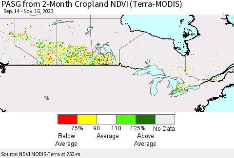 Canada PASG from 2-Month Cropland NDVI (Terra-MODIS) Thematic Map For 11/9/2023 - 11/16/2023