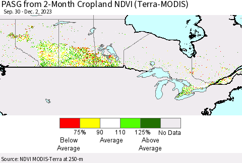Canada PASG from 2-Month Cropland NDVI (Terra-MODIS) Thematic Map For 11/25/2023 - 12/2/2023