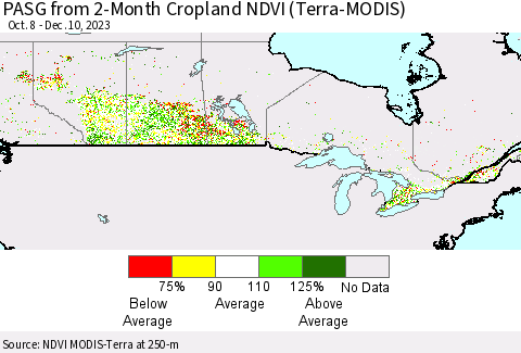 Canada PASG from 2-Month Cropland NDVI (Terra-MODIS) Thematic Map For 12/3/2023 - 12/10/2023