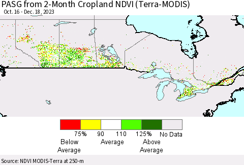 Canada PASG from 2-Month Cropland NDVI (Terra-MODIS) Thematic Map For 12/11/2023 - 12/18/2023