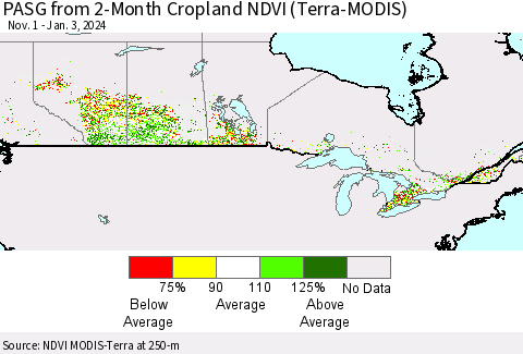 Canada PASG from 2-Month Cropland NDVI (Terra-MODIS) Thematic Map For 12/27/2023 - 1/3/2024