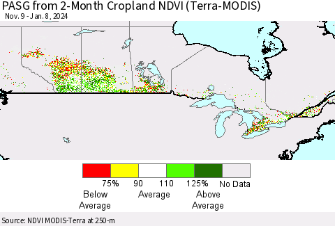 Canada PASG from 2-Month Cropland NDVI (Terra-MODIS) Thematic Map For 1/1/2024 - 1/8/2024
