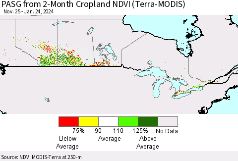 Canada PASG from 2-Month Cropland NDVI (Terra-MODIS) Thematic Map For 1/17/2024 - 1/24/2024