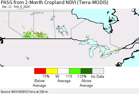 Canada PASG from 2-Month Cropland NDVI (Terra-MODIS) Thematic Map For 2/2/2024 - 2/9/2024