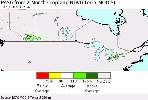 Canada PASG from 2-Month Cropland NDVI (Terra-MODIS) Thematic Map For 2/26/2024 - 3/4/2024