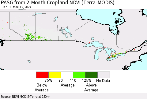 Canada PASG from 2-Month Cropland NDVI (Terra-MODIS) Thematic Map For 3/5/2024 - 3/12/2024