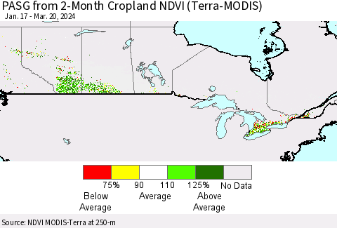 Canada PASG from 2-Month Cropland NDVI (Terra-MODIS) Thematic Map For 3/13/2024 - 3/20/2024