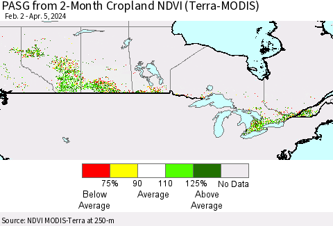 Canada PASG from 2-Month Cropland NDVI (Terra-MODIS) Thematic Map For 3/29/2024 - 4/5/2024