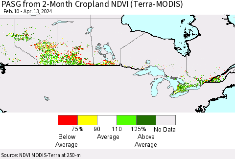 Canada PASG from 2-Month Cropland NDVI (Terra-MODIS) Thematic Map For 4/6/2024 - 4/13/2024