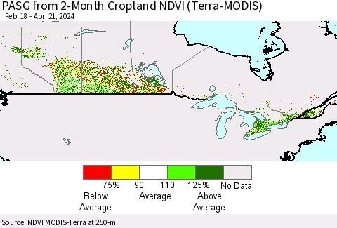 Canada PASG from 2-Month Cropland NDVI (Terra-MODIS) Thematic Map For 4/14/2024 - 4/21/2024