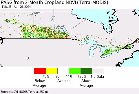 Canada PASG from 2-Month Cropland NDVI (Terra-MODIS) Thematic Map For 4/22/2024 - 4/29/2024