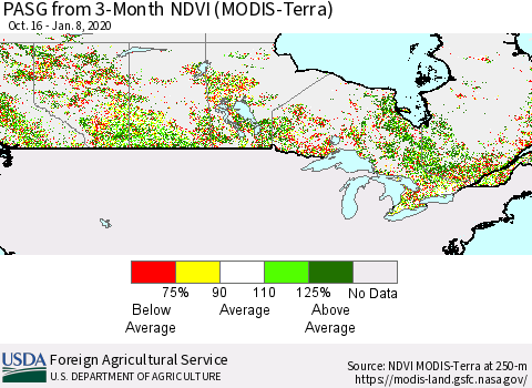Canada PASG from 3-Month NDVI (Terra-MODIS) Thematic Map For 1/1/2020 - 1/10/2020