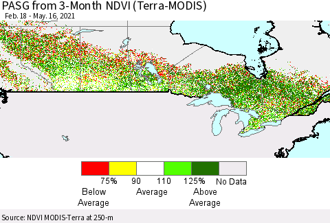 Canada PASG from 3-Month NDVI (Terra-MODIS) Thematic Map For 5/9/2021 - 5/16/2021