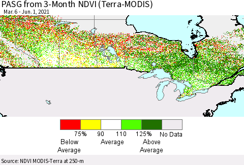 Canada PASG from 3-Month NDVI (Terra-MODIS) Thematic Map For 5/25/2021 - 6/1/2021