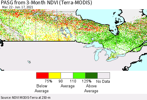 Canada PASG from 3-Month NDVI (Terra-MODIS) Thematic Map For 6/10/2021 - 6/17/2021