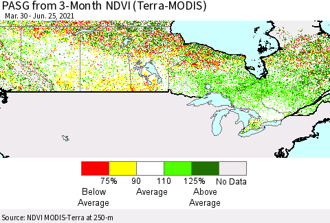 Canada PASG from 3-Month NDVI (Terra-MODIS) Thematic Map For 6/18/2021 - 6/25/2021