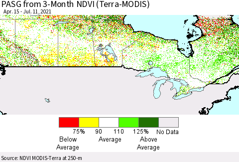 Canada PASG from 3-Month NDVI (Terra-MODIS) Thematic Map For 7/4/2021 - 7/11/2021
