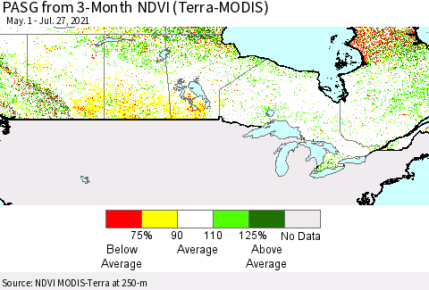 Canada PASG from 3-Month NDVI (Terra-MODIS) Thematic Map For 7/20/2021 - 7/27/2021