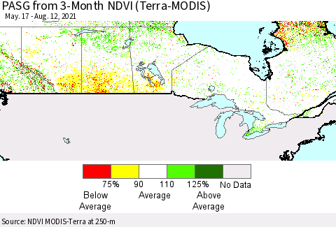 Canada PASG from 3-Month NDVI (Terra-MODIS) Thematic Map For 8/5/2021 - 8/12/2021