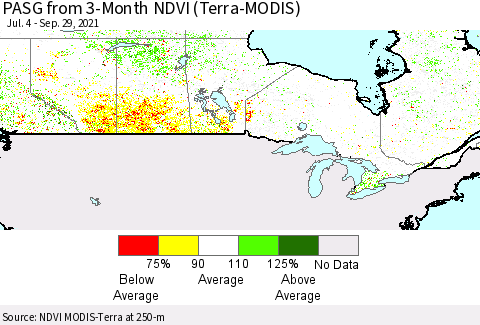 Canada PASG from 3-Month NDVI (Terra-MODIS) Thematic Map For 9/22/2021 - 9/29/2021