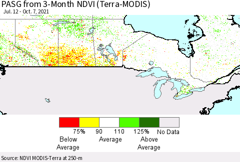 Canada PASG from 3-Month NDVI (Terra-MODIS) Thematic Map For 9/30/2021 - 10/7/2021