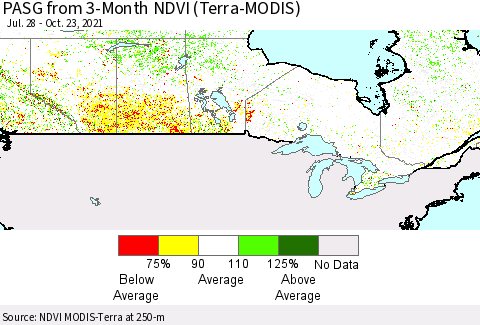Canada PASG from 3-Month NDVI (Terra-MODIS) Thematic Map For 10/16/2021 - 10/23/2021
