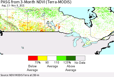 Canada PASG from 3-Month NDVI (Terra-MODIS) Thematic Map For 11/1/2021 - 11/8/2021