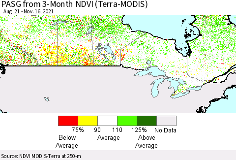 Canada PASG from 3-Month NDVI (Terra-MODIS) Thematic Map For 11/9/2021 - 11/16/2021