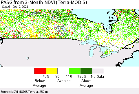 Canada PASG from 3-Month NDVI (Terra-MODIS) Thematic Map For 11/25/2021 - 12/2/2021