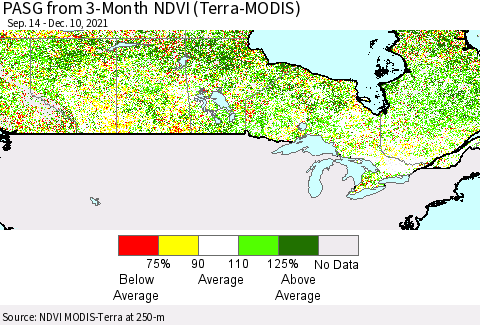 Canada PASG from 3-Month NDVI (Terra-MODIS) Thematic Map For 12/3/2021 - 12/10/2021