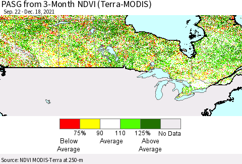 Canada PASG from 3-Month NDVI (Terra-MODIS) Thematic Map For 12/11/2021 - 12/18/2021