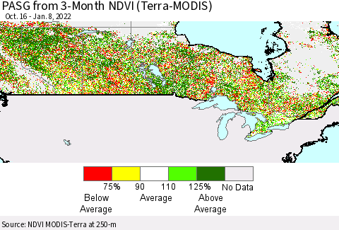 Canada PASG from 3-Month NDVI (Terra-MODIS) Thematic Map For 1/1/2022 - 1/8/2022