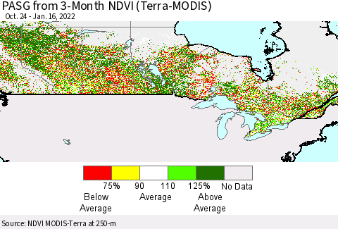 Canada PASG from 3-Month NDVI (Terra-MODIS) Thematic Map For 1/9/2022 - 1/16/2022