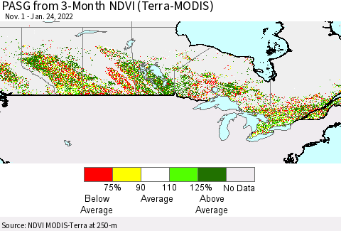 Canada PASG from 3-Month NDVI (Terra-MODIS) Thematic Map For 1/17/2022 - 1/24/2022