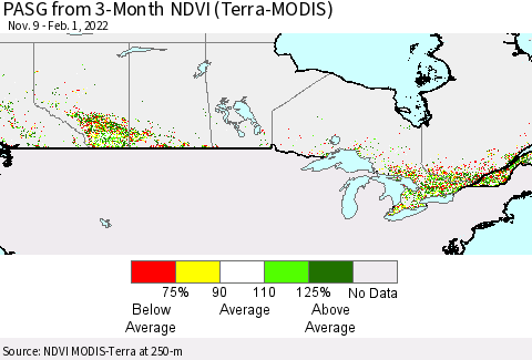 Canada PASG from 3-Month NDVI (Terra-MODIS) Thematic Map For 1/25/2022 - 2/1/2022