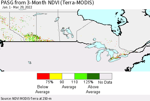 Canada PASG from 3-Month NDVI (Terra-MODIS) Thematic Map For 3/22/2022 - 3/29/2022