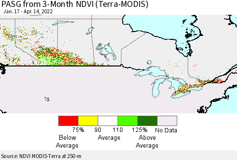 Canada PASG from 3-Month NDVI (Terra-MODIS) Thematic Map For 4/7/2022 - 4/14/2022
