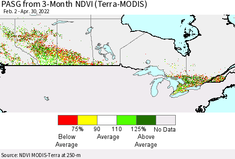 Canada PASG from 3-Month NDVI (Terra-MODIS) Thematic Map For 4/23/2022 - 4/30/2022