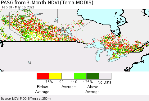 Canada PASG from 3-Month NDVI (Terra-MODIS) Thematic Map For 5/9/2022 - 5/16/2022