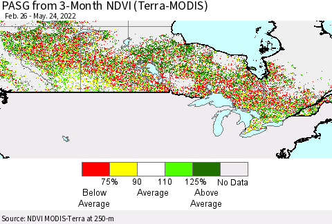 Canada PASG from 3-Month NDVI (Terra-MODIS) Thematic Map For 5/17/2022 - 5/24/2022