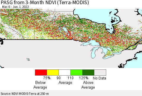 Canada PASG from 3-Month NDVI (Terra-MODIS) Thematic Map For 5/25/2022 - 6/1/2022