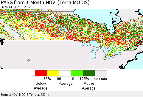 Canada PASG from 3-Month NDVI (Terra-MODIS) Thematic Map For 6/2/2022 - 6/9/2022