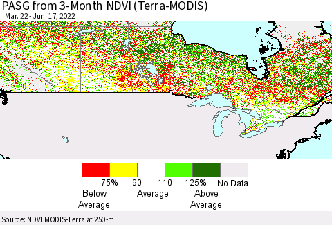 Canada PASG from 3-Month NDVI (Terra-MODIS) Thematic Map For 6/10/2022 - 6/17/2022