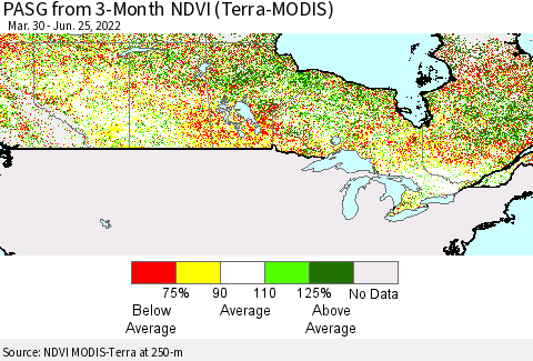Canada PASG from 3-Month NDVI (Terra-MODIS) Thematic Map For 6/18/2022 - 6/25/2022
