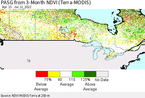 Canada PASG from 3-Month NDVI (Terra-MODIS) Thematic Map For 7/4/2022 - 7/11/2022