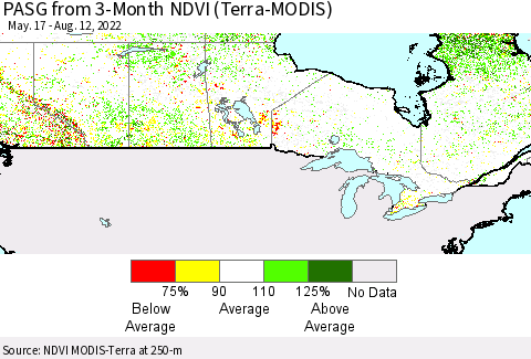 Canada PASG from 3-Month NDVI (Terra-MODIS) Thematic Map For 8/5/2022 - 8/12/2022