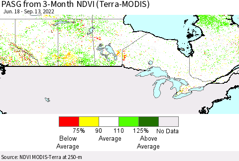 Canada PASG from 3-Month NDVI (Terra-MODIS) Thematic Map For 9/6/2022 - 9/13/2022